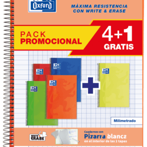 Oxford School Classic Write&Erase Pack 4+1 Fº - Cuaderno Espiral Tapa Extradura - Milimetrado con Margen - 80 Hojas - Colores Surtidos